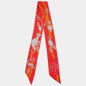 Pre Owned Hermes Red Printed Silk Twilly