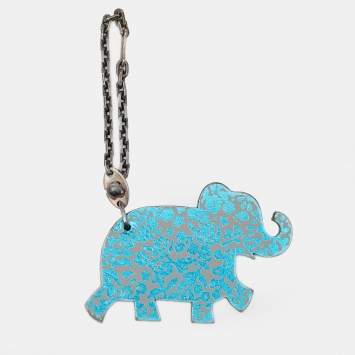 Pre Owned Hermes Blue & Silver Patterned Leather Silver Chain Bag Charm