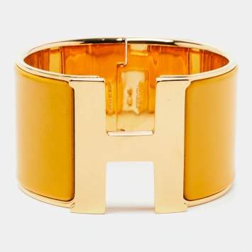 Pre Owned Hermes Clic Clac H Yellow Enamel Gold Plated Extra Wide Bracelet