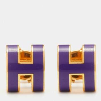 Pre Owned Hermes Pop H Purple Lacquered Gold Plated Stud Earrings