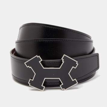 Pre Owned Hermes Black/Rogue H Chamonix and Togo Leather H Street Buckle Reversible Belt 100CM