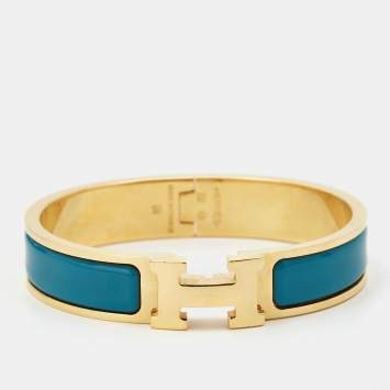 Pre Owned Hermes Clic H Blue Enamel Gold Plated Narrow Bracelet