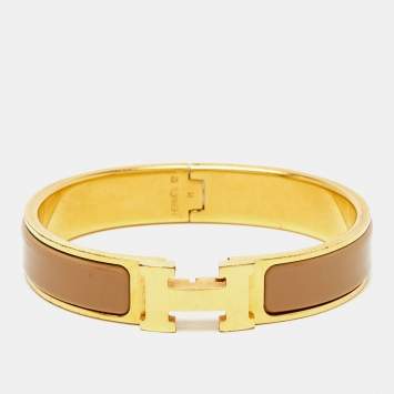 Pre Owned Hermes Clic H Beige Enamel Gold Plated Narrow Bracelet