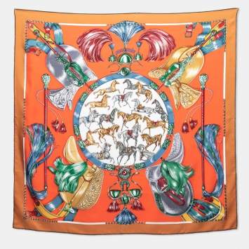 Pre Owned Hermes Caramel/Rouge Cavalcades Silk Scarf