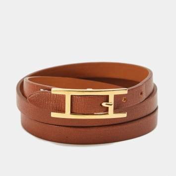 Pre Owned Hermes Behapi Leather Gold Tone Double Tour Bracelet