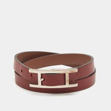 Pre Owned Hermes Behapi Leather Palladium Plated Double Tour Bracelet
