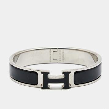 Pre Owned Hermes Clic H Black Enamel Plladium Plated Bracelet