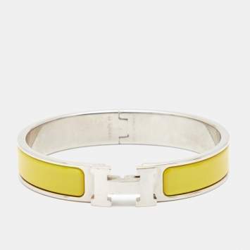 Pre Owned Hermes Clic H Yellow Enamel Palladium Plated Narrow Bracelet 