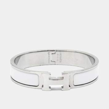 Pre Owned Hermes Clic H White Enamel Palladium Plated Bracelet