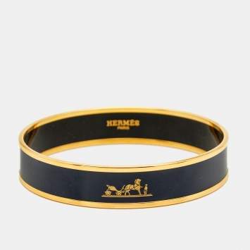 Pre Owned Hermes Caleche Enamel Gold Plated Wide Bangle Bracelet 