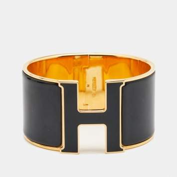 Pre Owned Hermes Clic Clac H Enamel Gold Plated Extra Wide Bracelet
