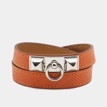 Pre Owned Hermès Orange Leather Palladium Plated Rivale Double Tour Bracelet 
