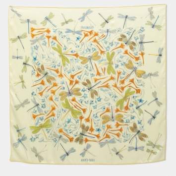مملوكة مسبقًا Hermes Yellow Dragonflies Silk Scarf