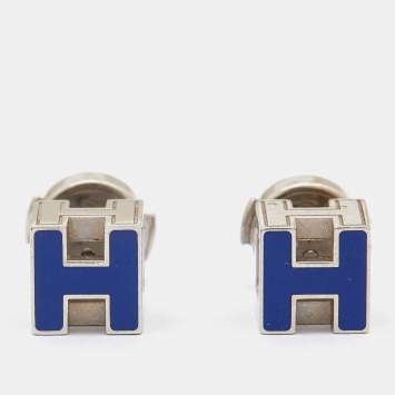 Pre Owned Hermes Cage d'H Blue Enamel Palladium Plated Earrings