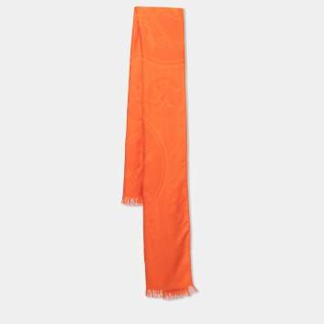 Pre Owned Hermes Orange H Logo Jacquard Cashmere & Silk Fringed Shawl
