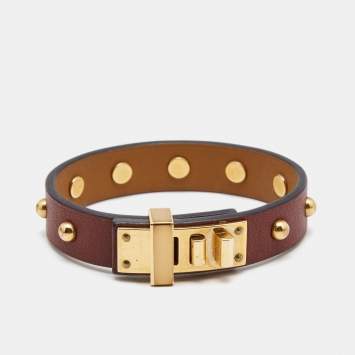 Pre Owned Hermes Mini Dog Clous Rounds Leather Gold Tone Bracelet