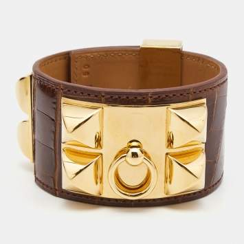 Pre Owned Hermès Collier de Chien Brown Alligator Leather Gold Plated Cuff Bracelet S