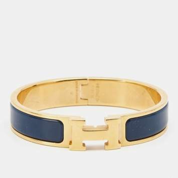 Pre Owned Hermes Clic H Ultramarine Enamel Gold Plated Narrow Bracelet