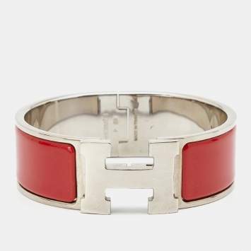 Pre Owned Hermès Clic Clac H Red Enamel Palladium Plated Wide Bracelet