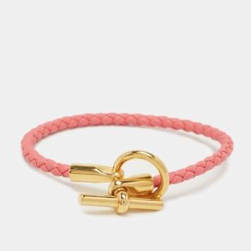 Pre Owned Hermes Glenan Braided Swift Leather Gold Plated Bracelet