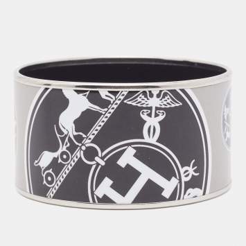 Pre Owned Hermes Confettis d'Ex Libris Enamel Palladium Plated Extra Wide Bangle Bracelet