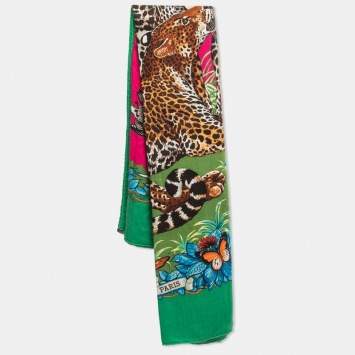 Pre Owned Hermes Green Jungle Love Cashmere & Silk Shawl Scarf
