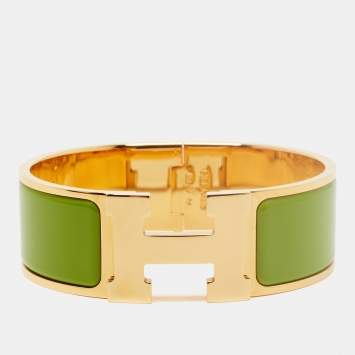 Pre Owned Hermes Clic Clac H Green Enamel Gold Plated Wide Bracelet