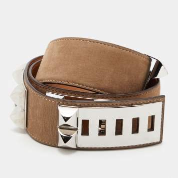 Pre Owned Hermes Grey Velvet Leather Collier De Chien Belt 85CM