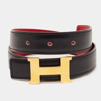Pre Owned Hermes Black/Rouge Vif Box and Courchevel Constance Reversible Belt 65CM