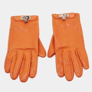 Pre Owned Hermes Orange Lambskin Leather Soya Gloves Size 7