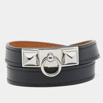 Pre Owned Hermes  Rivale Leather Palladium Plated Double Tour Bracelet S