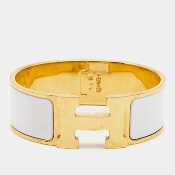 Pre Owned Hermes Clic Clac H White Enamel Gold Plated Wide Bracelet
