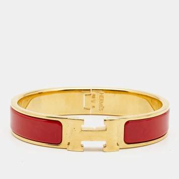 Pre Owned Hermes Clic H Red Enamel Gold Plated Bracelet