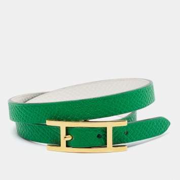 Pre Owned Hermes Behapi Green Leather Gold Tone Double Tour Bracelet