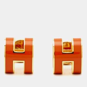 Pre Owned Hermes Pop H Orange Enamel Gold Tone Earrings