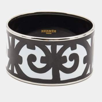 Pre Owned Hermes Monochrome Enamel Printed Palladium Plated Bracelet