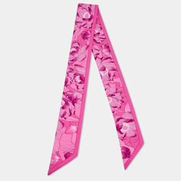 Pre Owned Hermes Pink Floral Printed Silk Twilly