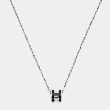 Pre Owned Hermes Pop H Black Enamel Palladium Plated Pendant Necklace