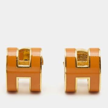 Pre Owned Hermes Pop H Orange Enamel Gold Plated Earrings