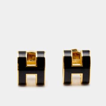 Pre Owned Hermes Pop H Enamel Gold Plated Stud Earrings