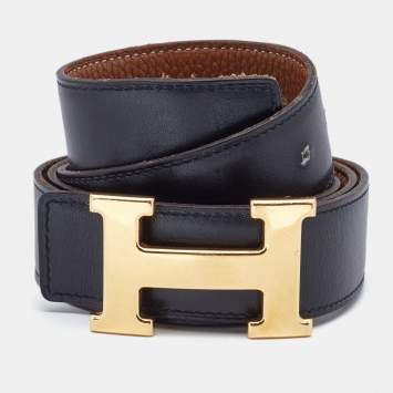 Pre Owned Hermes Black/Gold Box/Togo Leather H Buckle Reversible Belt 95CM