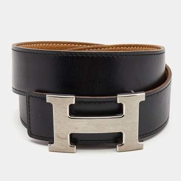 Pre Owned Hermes Black/Gold Box/Togo Leather H Buckle Reversible Belt 90CM