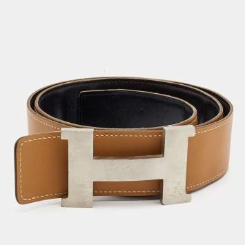 Pre Owned Hermes Black/Gold Box Calf and Swift Leather H Buckle Reversible Belt 90CM