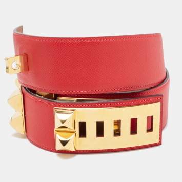 Pre Owned Hermes Rouge Casaque Epsom Leather Collier De Chien Belt 90CM