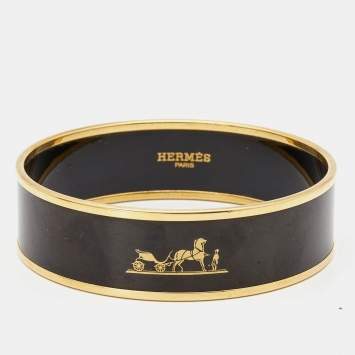 Pre Owned Hermes Calèche Enamel Gold Plated Wide Bangle Bracelet
