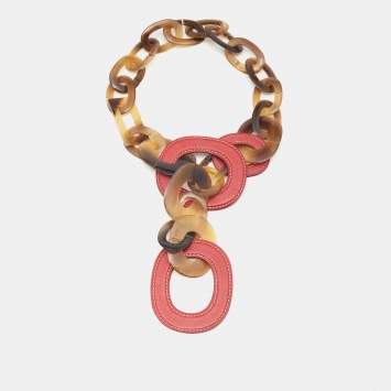 Hermes Brown Horn and Red Leather Collar Necklace 