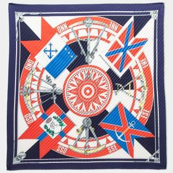 مملوكة مسبقًا Hermes Navy Blue/Orange Sextants Silk Pleated Shawl