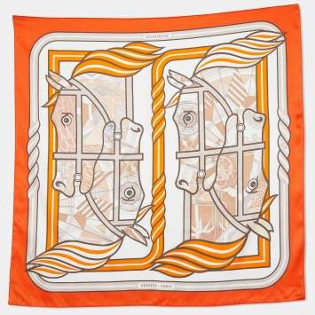 Pre Owned Hermès  Orange Quadrige Printed Silk Scarf
