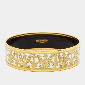 Pre Owned Hermes Balcons du Guadalquivir Enamel Gold Plated  Wide Bracelet