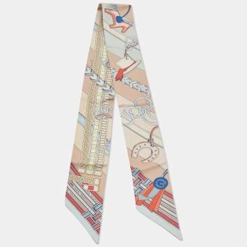 مملوكة مسبقًا Hermes Rose Poudré/Bleu Glacier Brides et Gris-Gris Silk Twilly